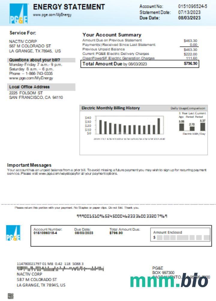 California PG&E electricity rachunek za usługi komunalne